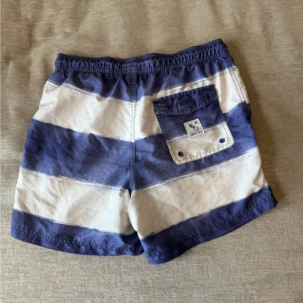 American Eagle men’s small blue and white striped swim trunks board shorts